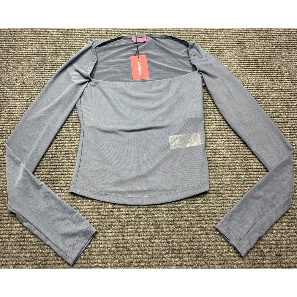 Edikted Mesh Long Sleeve Shirt Womens Small Blue Sheer Square Neck‎ Clubwear Top